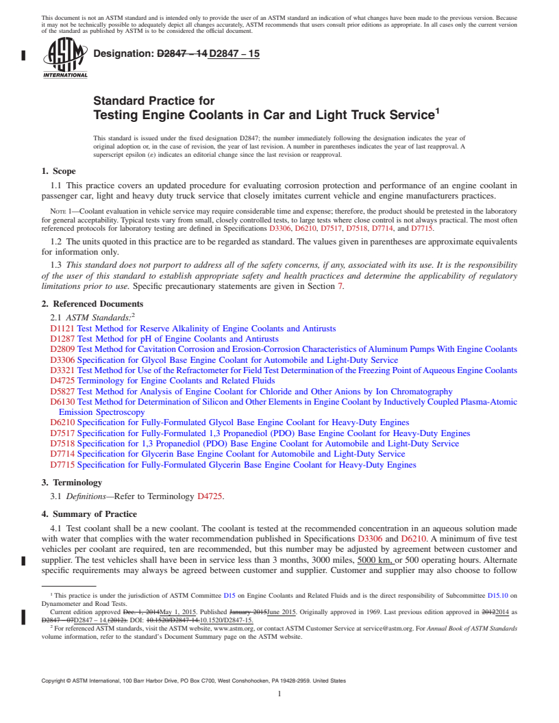 REDLINE ASTM D2847-15 - Standard Practice for Testing Engine Coolants in Car and Light Truck Service