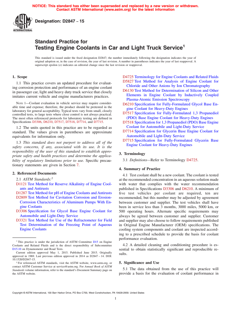 ASTM D2847-15 - Standard Practice for Testing Engine Coolants in Car and Light Truck Service