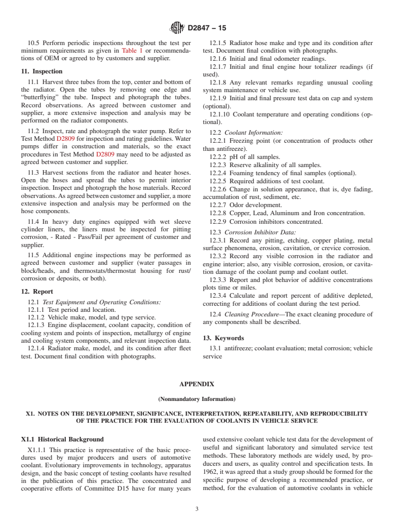 ASTM D2847-15 - Standard Practice for Testing Engine Coolants in Car and Light Truck Service