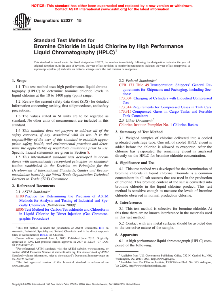 ASTM E2037-15 - Standard Test Method for Bromine Chloride in Liquid Chlorine by High Performance Liquid  Chromatography  (HPLC)