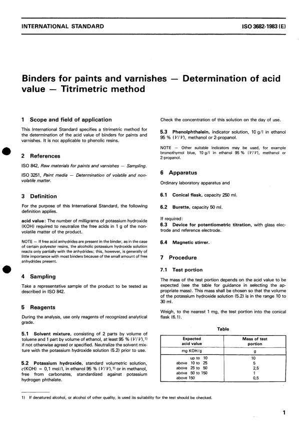 ISO 3682:1983 - Binders for paints and varnishes -- Determination of acid value -- Titrimetric method