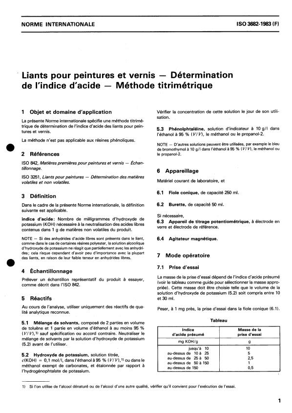 ISO 3682:1983 - Liants pour peintures et vernis -- Détermination de l'indice d'acide -- Méthode titrimétrique