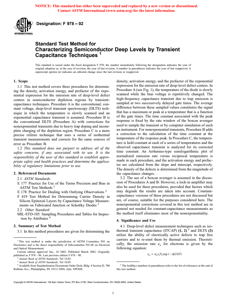 ASTM F978-02 - Standard Test Method for Characterizing Semiconductor Deep Levels by Transient Capacitance Techniques (Withdrawn 2003)