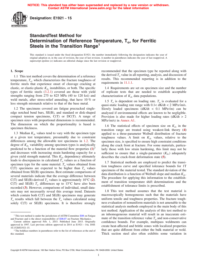 ASTM E1921-15 - Standard Test Method for  Determination of Reference Temperature, T<inf>o</inf>,  for  Ferritic Steels in the Transition Range
