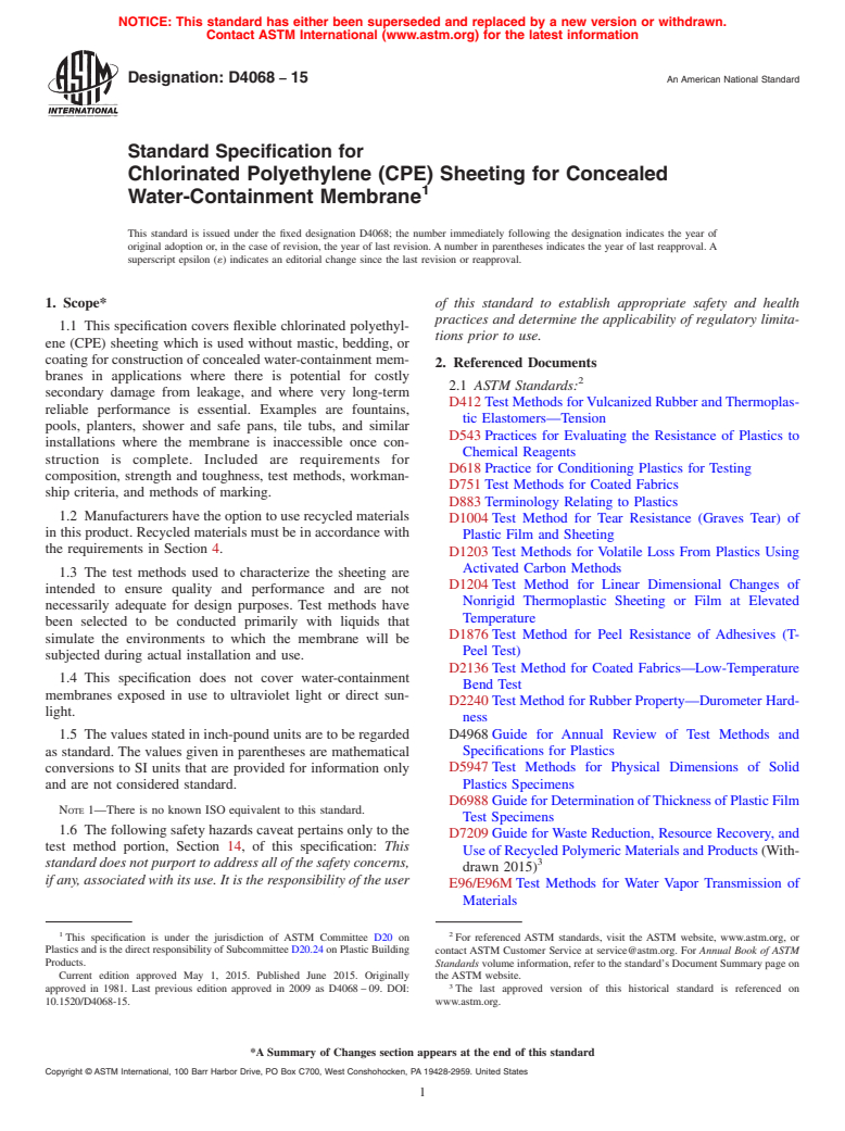 ASTM D4068-15 - Standard Specification for  Chlorinated Polyethylene (CPE) Sheeting for Concealed Water-Containment  Membrane