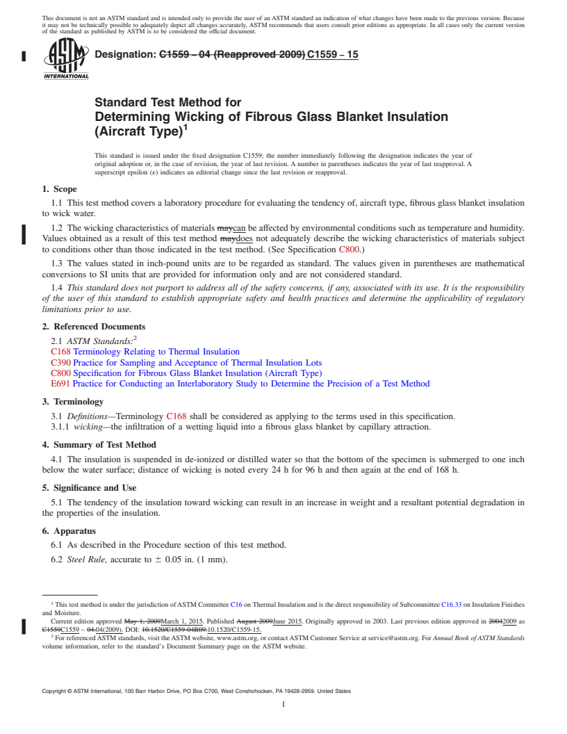 REDLINE ASTM C1559-15 - Standard Test Method for  Determining Wicking of Fibrous Glass Blanket Insulation (Aircraft  Type)