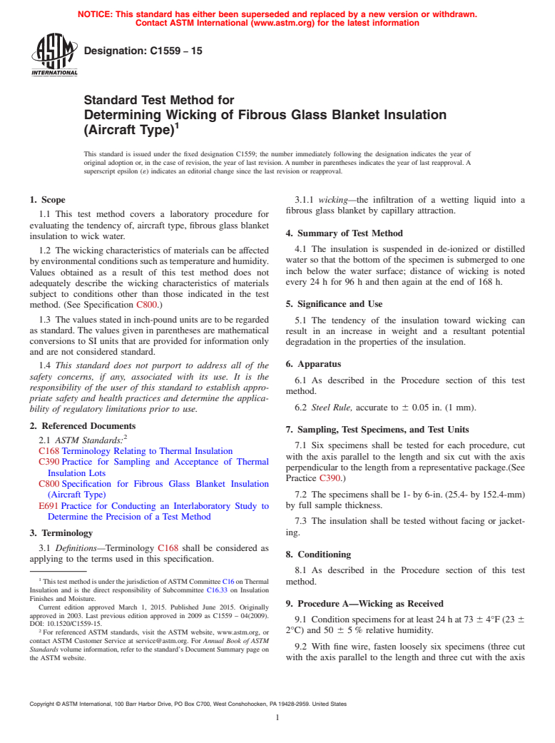 ASTM C1559-15 - Standard Test Method for  Determining Wicking of Fibrous Glass Blanket Insulation (Aircraft  Type)