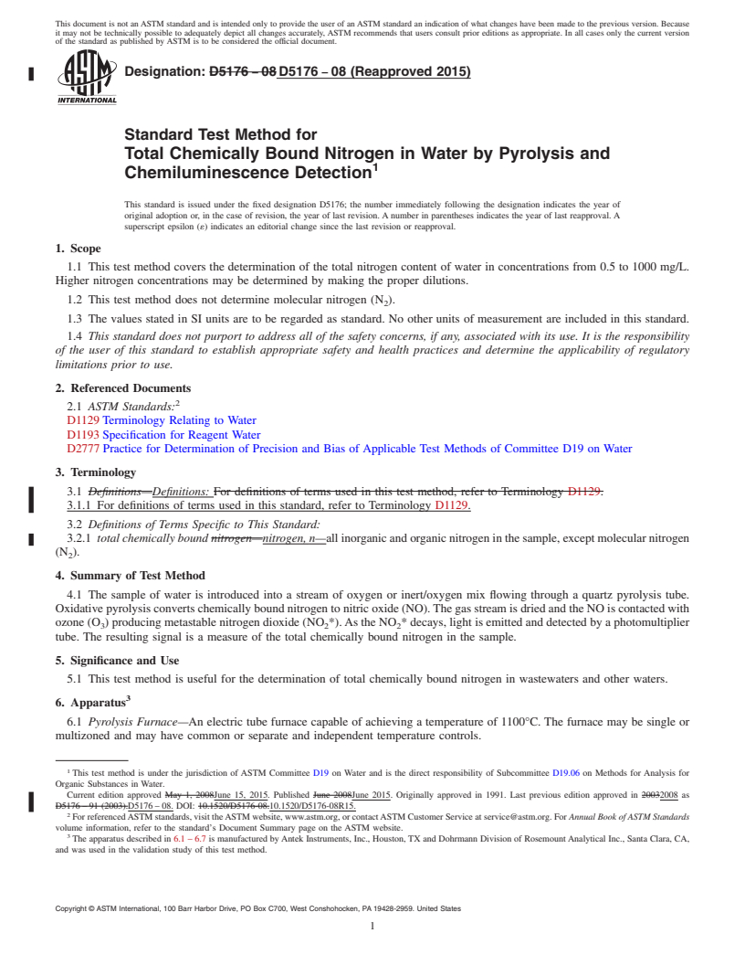 REDLINE ASTM D5176-08(2015) - Standard Test Method for  Total Chemically Bound Nitrogen in Water by Pyrolysis and Chemiluminescence  Detection