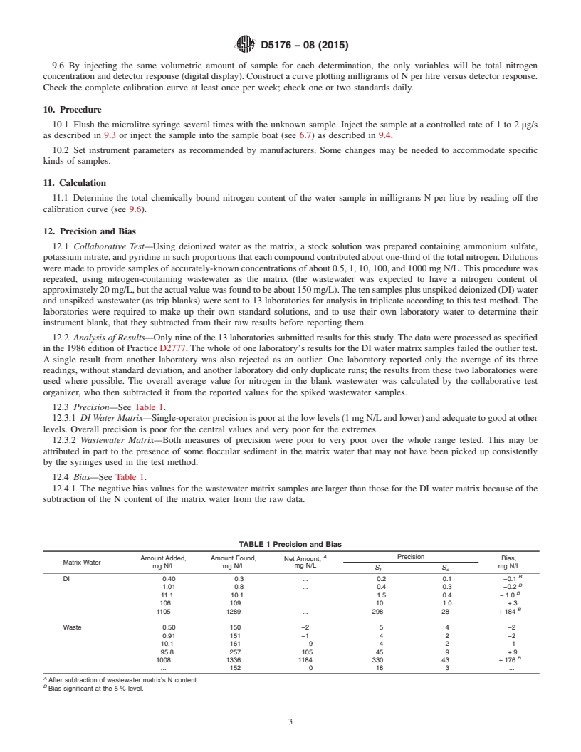 REDLINE ASTM D5176-08(2015) - Standard Test Method for  Total Chemically Bound Nitrogen in Water by Pyrolysis and Chemiluminescence  Detection