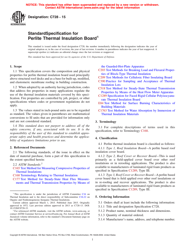 ASTM C728-15 - Standard Specification for  Perlite Thermal Insulation Board