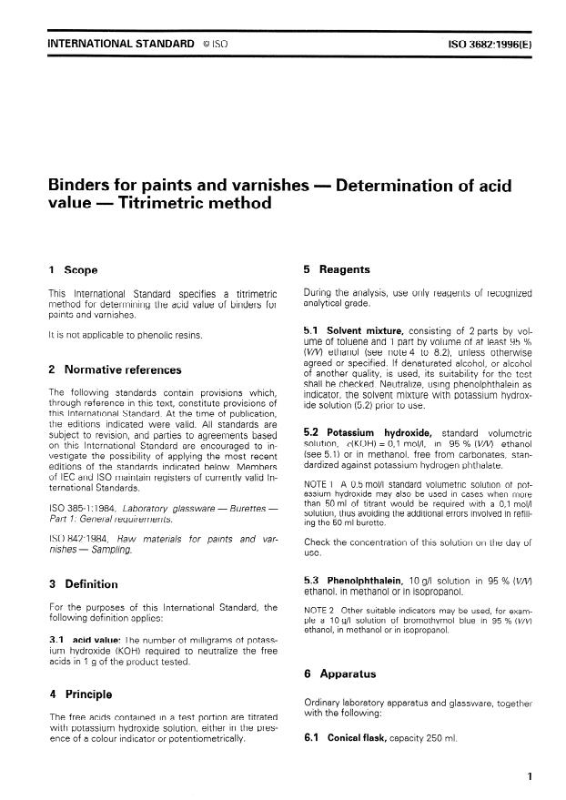 ISO 3682:1996 - Binders for paints and varnishes -- Determination of acid value -- Titrimetric method
