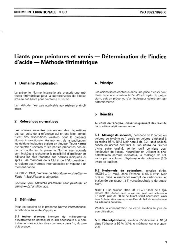 ISO 3682:1996 - Liants pour peintures et vernis -- Détermination de l'indice d'acide -- Méthode titrimétrique