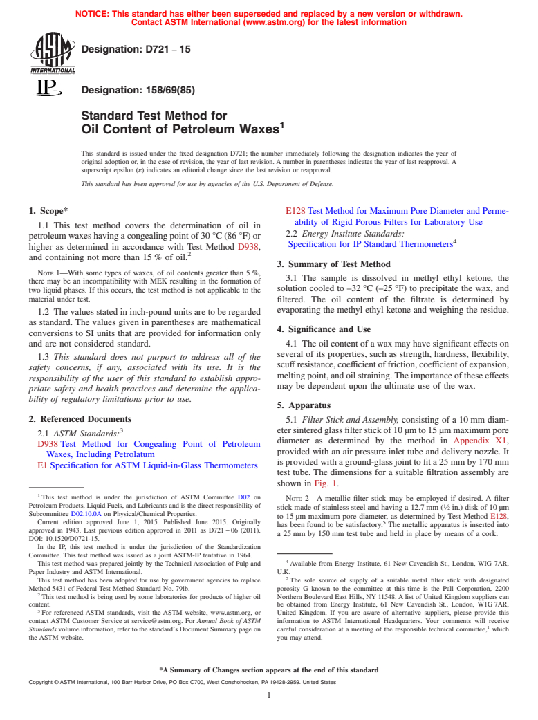 ASTM D721-15 - Standard Test Method for  Oil Content of Petroleum Waxes