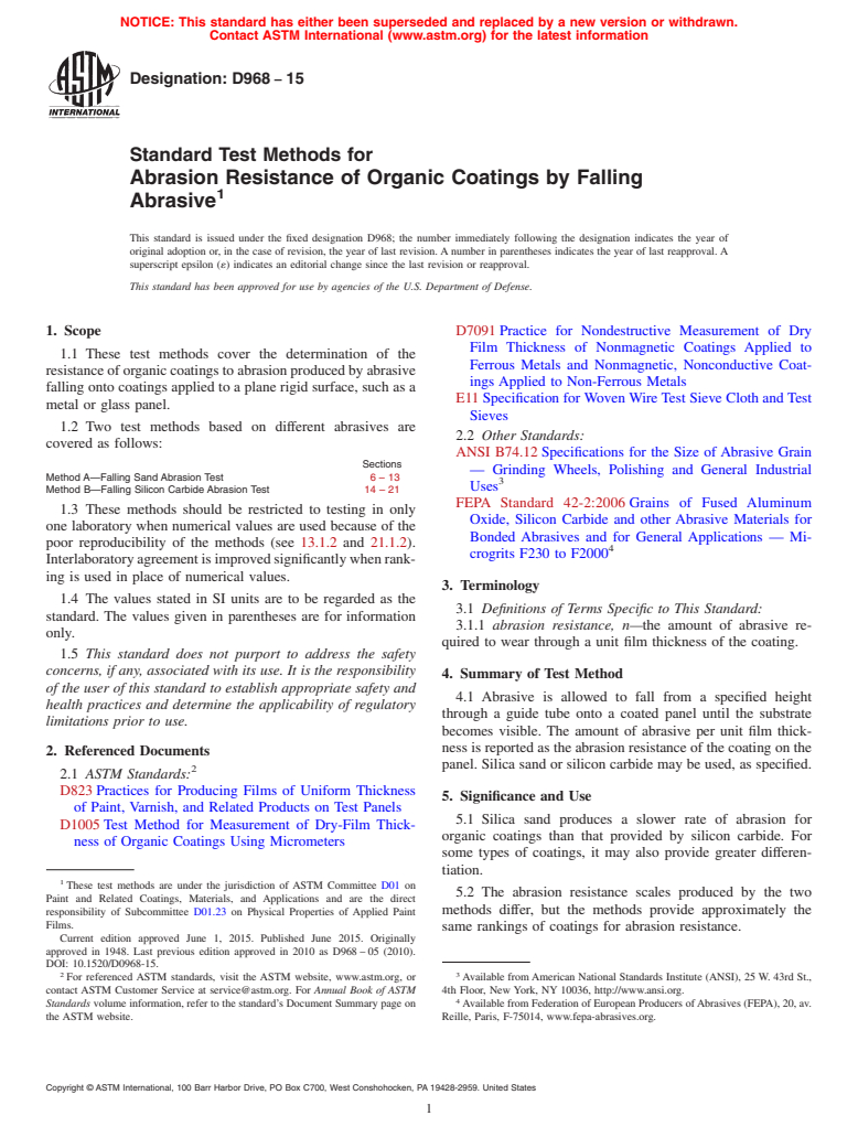 ASTM D968-15 - Standard Test Methods for Abrasion Resistance of Organic Coatings by Falling Abrasive