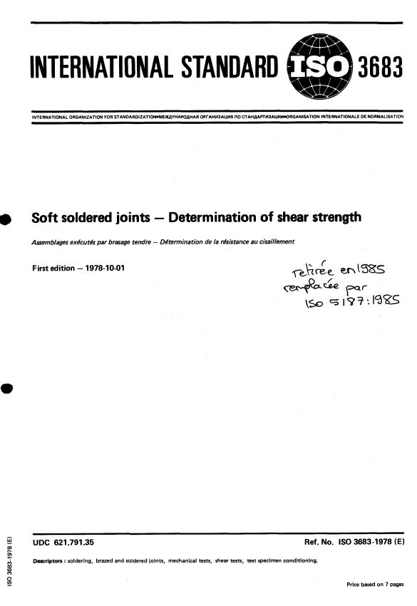 ISO 3683:1978 - Soft soldered joints -- Determination of shear strength