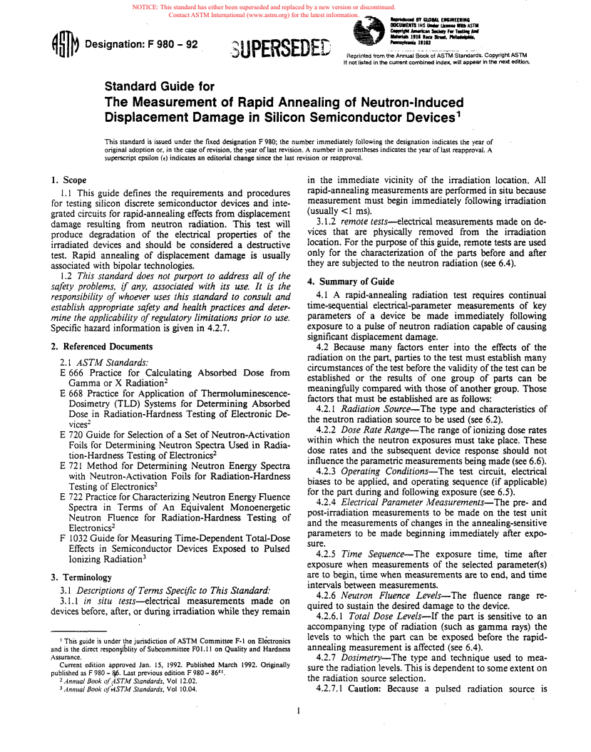 ASTM F980-92 - Guide for The Measurement of Rapid Annealing of Neutron-Induced Displacement Damage in Silicon Semiconductor Devices