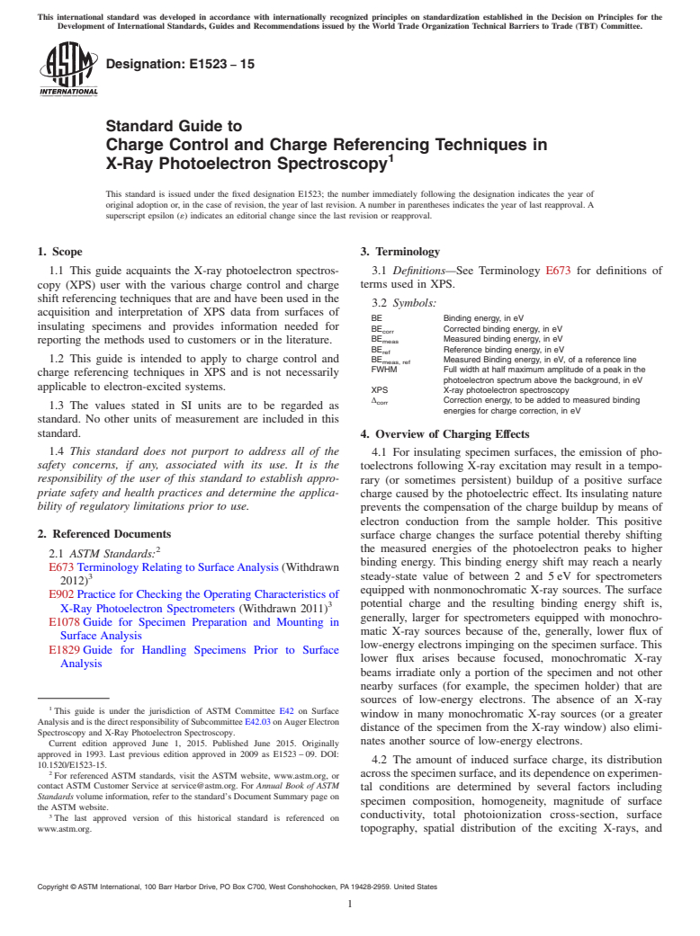 ASTM E1523-15 - Standard Guide to Charge Control and Charge Referencing Techniques in X-Ray Photoelectron  Spectroscopy