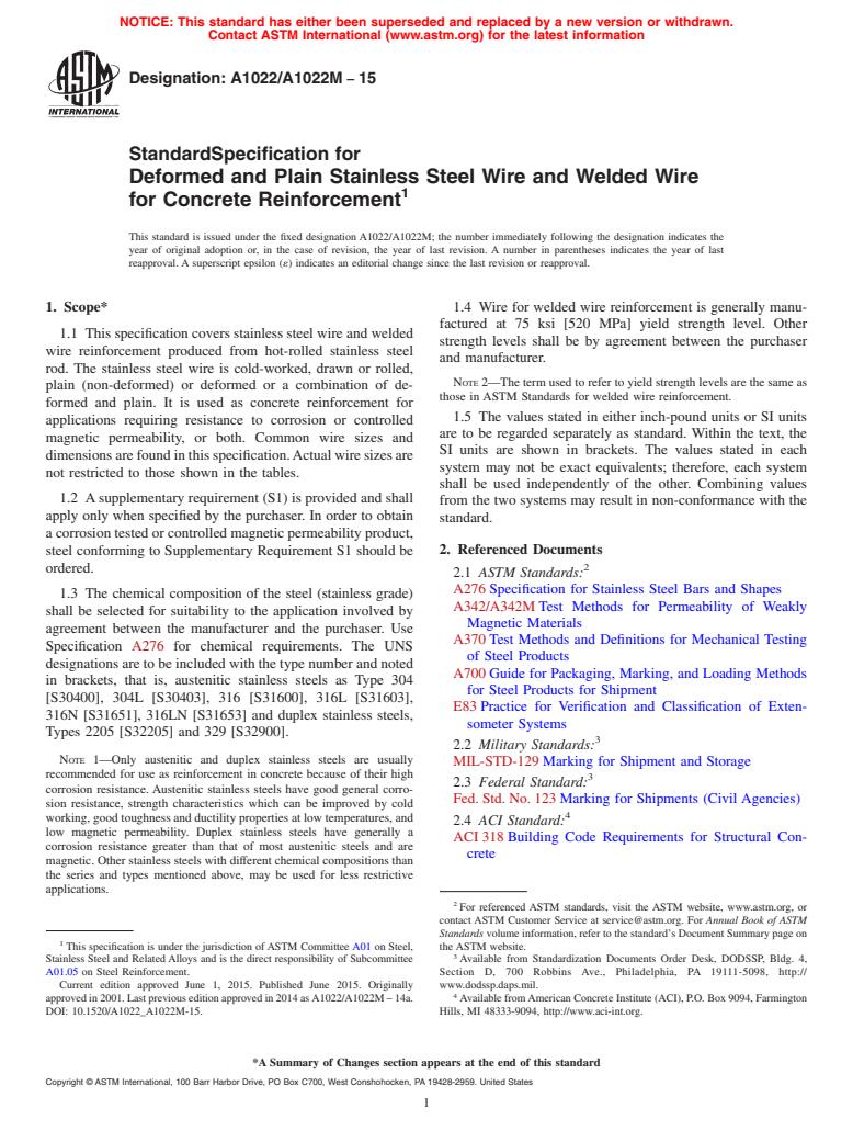 ASTM A1022/A1022M-15 - Standard Specification for  Deformed and Plain Stainless Steel Wire and Welded Wire for  Concrete Reinforcement