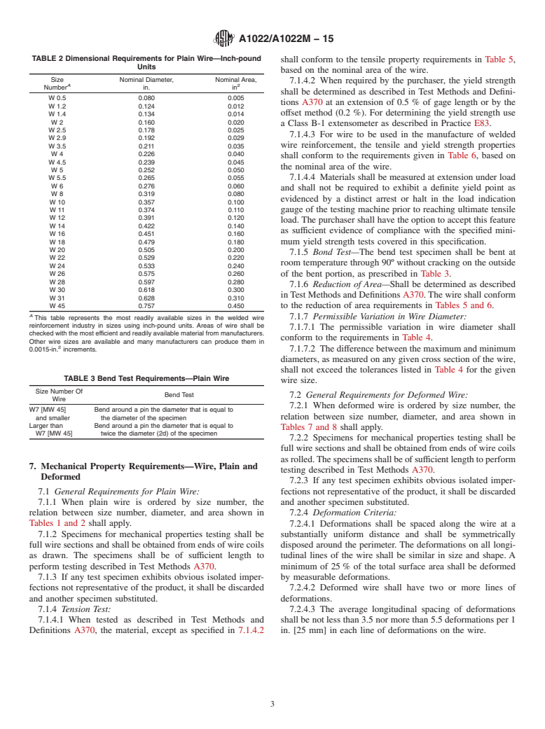 ASTM A1022/A1022M-15 - Standard Specification for  Deformed and Plain Stainless Steel Wire and Welded Wire for  Concrete Reinforcement