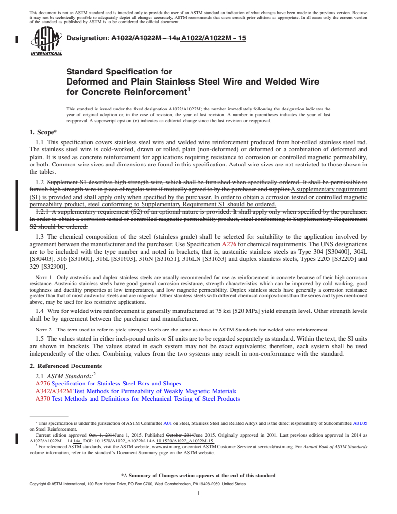 REDLINE ASTM A1022/A1022M-15 - Standard Specification for  Deformed and Plain Stainless Steel Wire and Welded Wire for  Concrete Reinforcement
