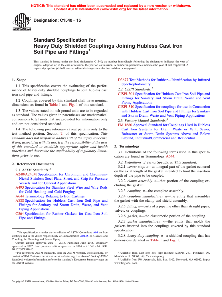 ASTM C1540-15 - Standard Specification for  Heavy Duty Shielded Couplings Joining Hubless Cast Iron Soil   Pipe and Fittings