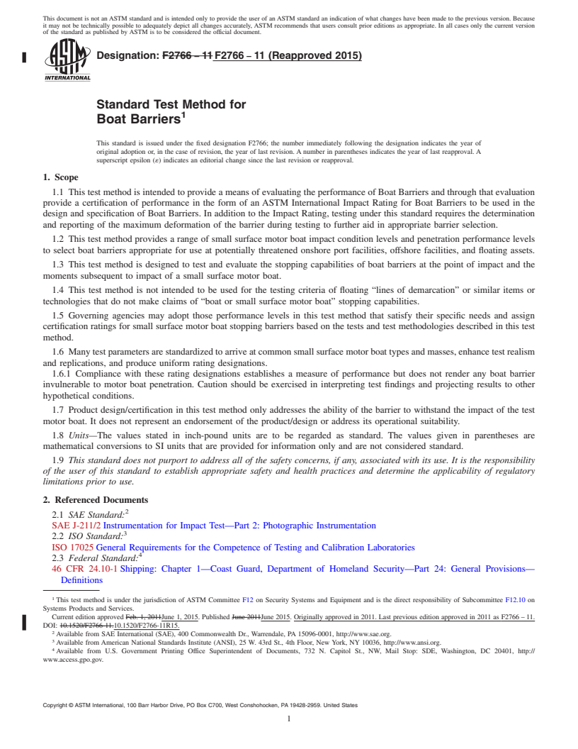 REDLINE ASTM F2766-11(2015) - Standard Test Method for  Boat Barriers