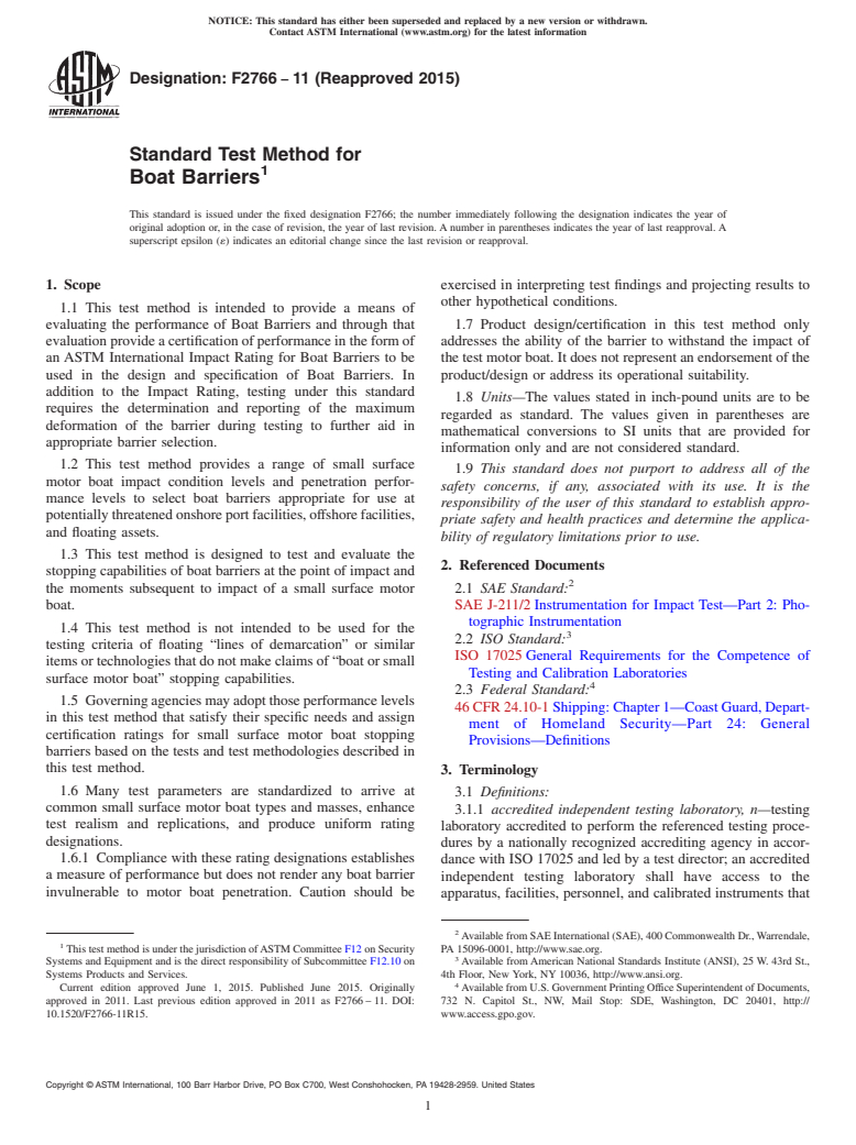 ASTM F2766-11(2015) - Standard Test Method for  Boat Barriers