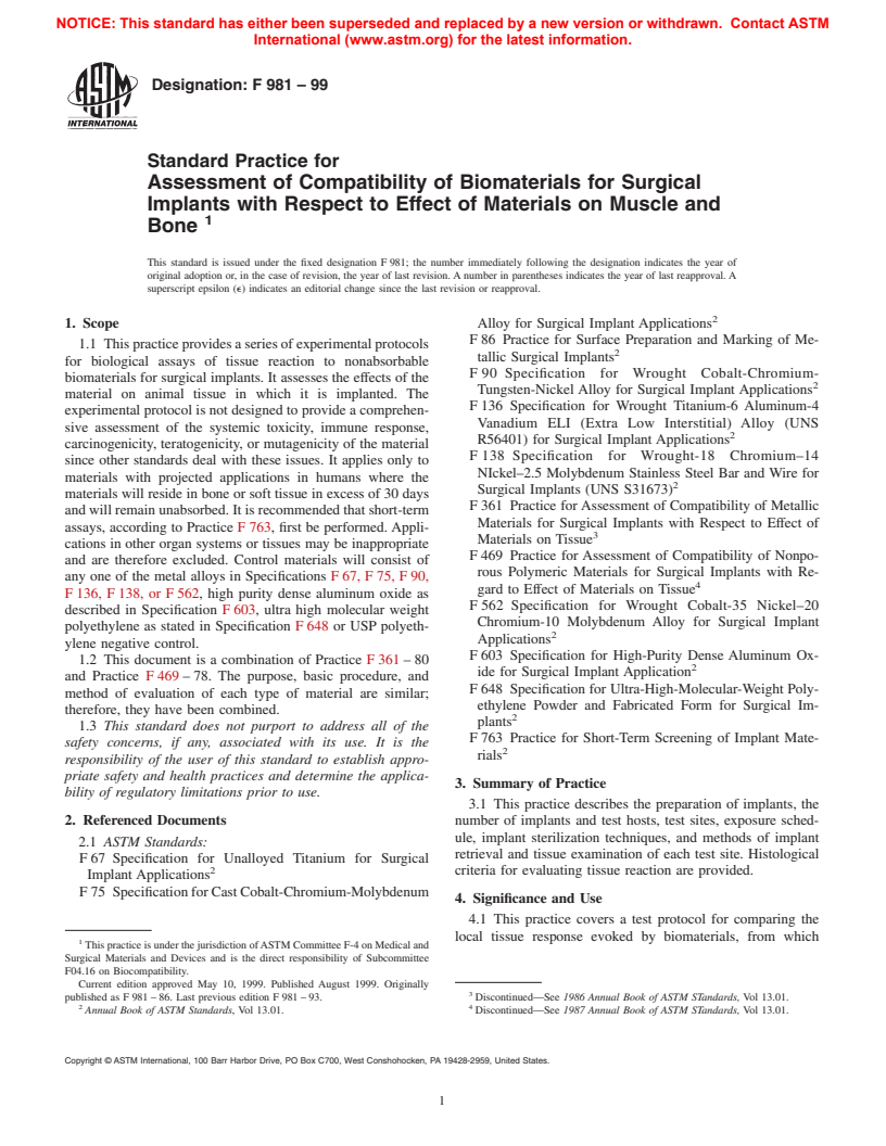 ASTM F981-99 - Standard Practice for Assessment of Compatibility of Biomaterials for Surgical Implants with Respect to Effect of Materials on Muscle and Bone