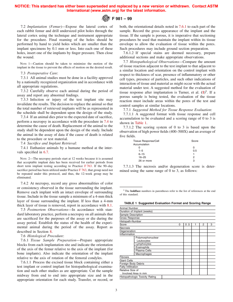 ASTM F981-99 - Standard Practice for Assessment of Compatibility of Biomaterials for Surgical Implants with Respect to Effect of Materials on Muscle and Bone