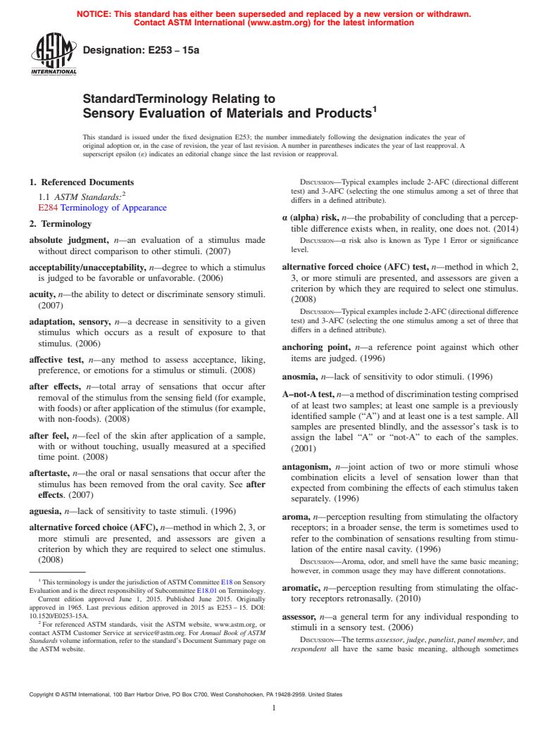 ASTM E253-15a - Standard Terminology Relating to  Sensory Evaluation of Materials and Products