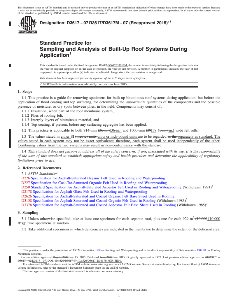 REDLINE ASTM D3617/D3617M-07(2015)e1 - Standard Practice for  Sampling and Analysis of Built-Up Roof Systems During Application