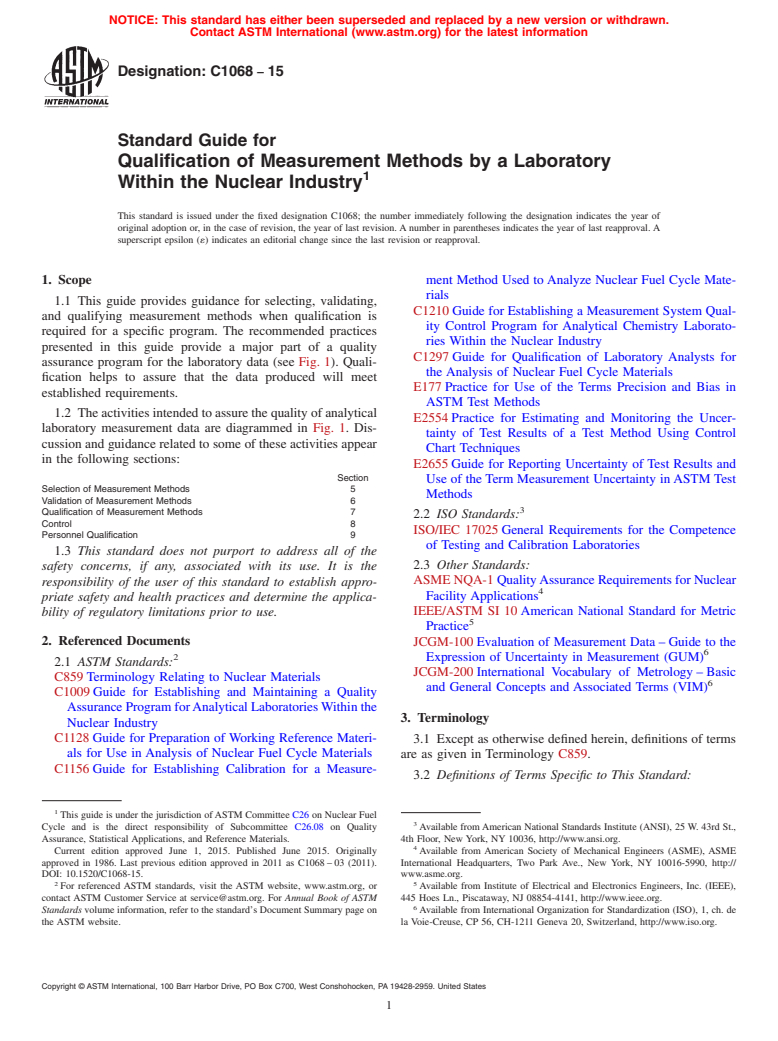 ASTM C1068-15 - Standard Guide for  Qualification of Measurement Methods by a Laboratory Within  the Nuclear Industry