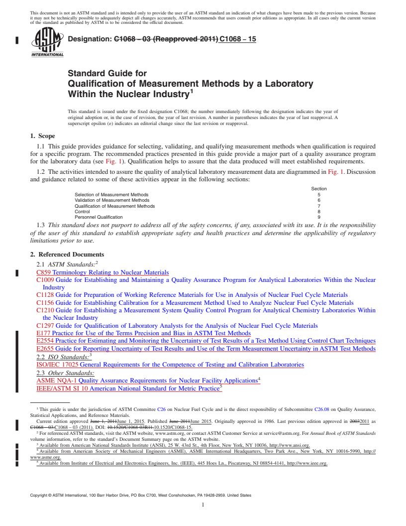 REDLINE ASTM C1068-15 - Standard Guide for  Qualification of Measurement Methods by a Laboratory Within  the Nuclear Industry