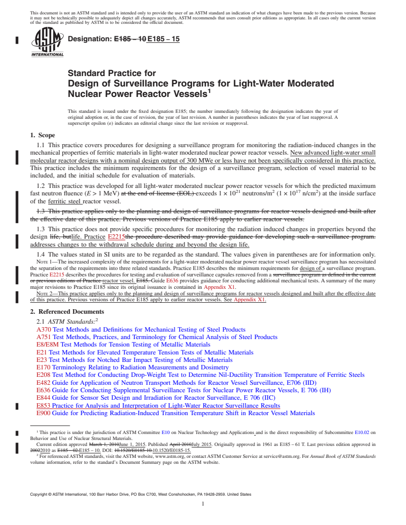 REDLINE ASTM E185-15 - Standard Practice for  Design of Surveillance Programs for Light-Water Moderated Nuclear  Power Reactor Vessels