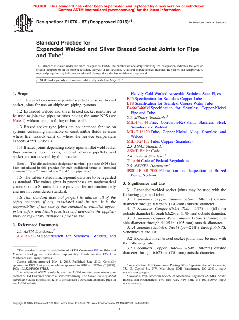 ASTM F1076-87(2015)e1 - Standard Practice for Expanded Welded and Silver Brazed Socket Joints for Pipe and   Tube