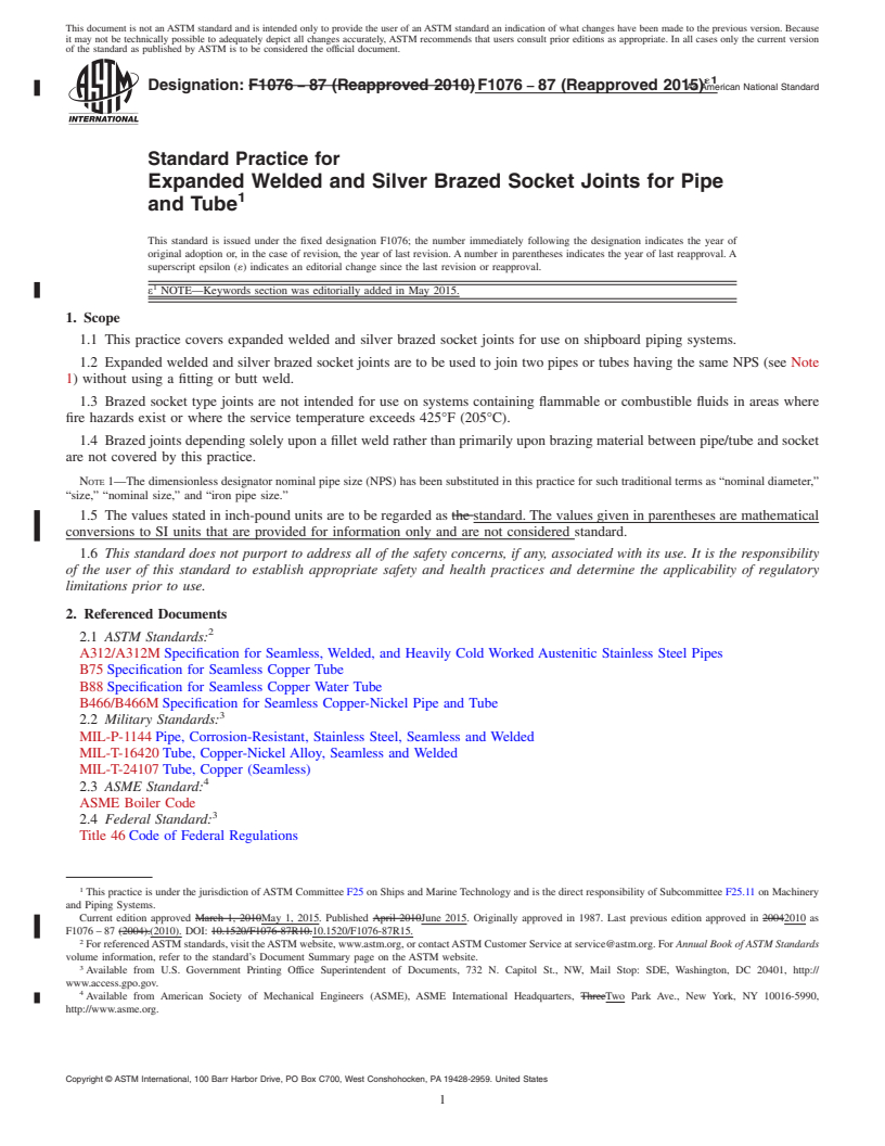 REDLINE ASTM F1076-87(2015)e1 - Standard Practice for Expanded Welded and Silver Brazed Socket Joints for Pipe and   Tube