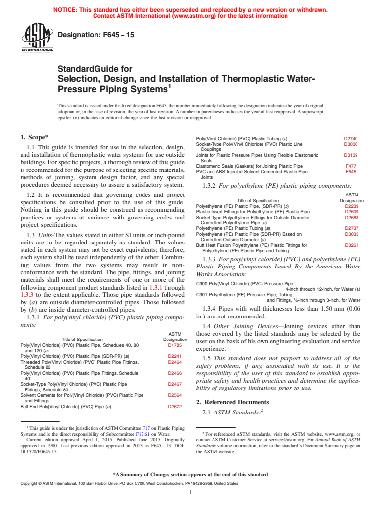 ASTM F645-15 - Standard Guide for  Selection, Design, and Installation of Thermoplastic Water-  Pressure Piping Systems