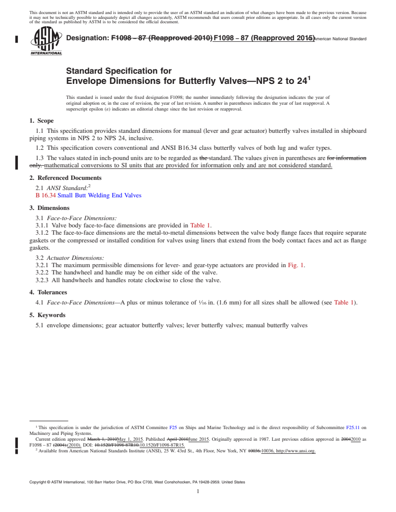 REDLINE ASTM F1098-87(2015) - Standard Specification for  Envelope Dimensions for Butterfly Valves&mdash;NPS 2 to 24