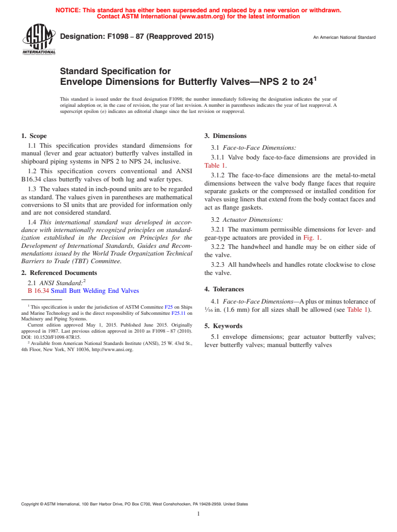 ASTM F1098-87(2015) - Standard Specification for  Envelope Dimensions for Butterfly Valves&mdash;NPS 2 to 24