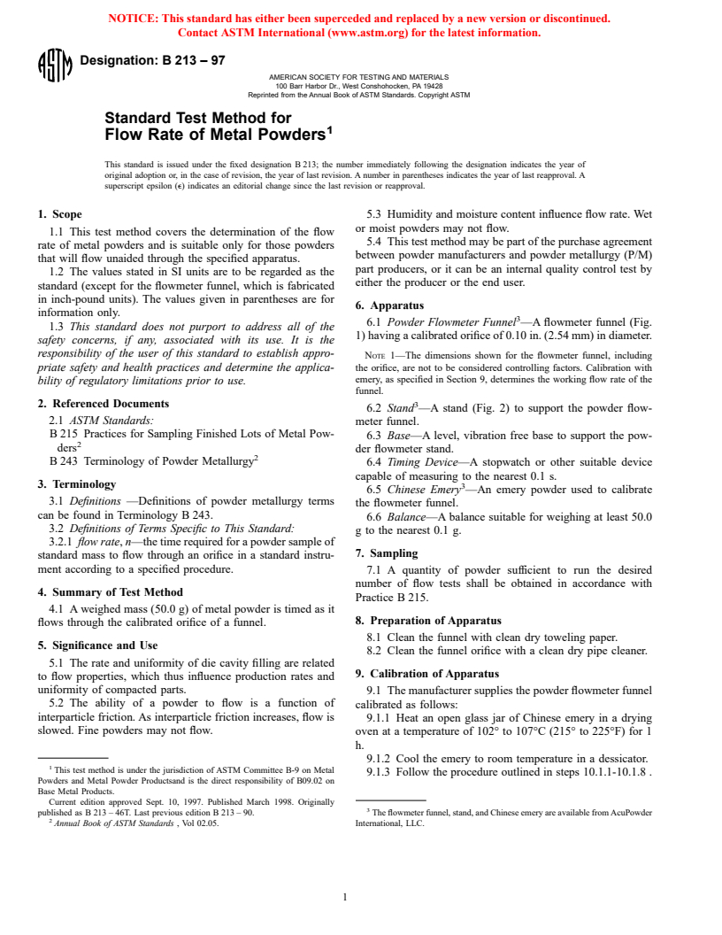 ASTM B213-97 - Standard Test Method for Flow Rate of Metal Powders