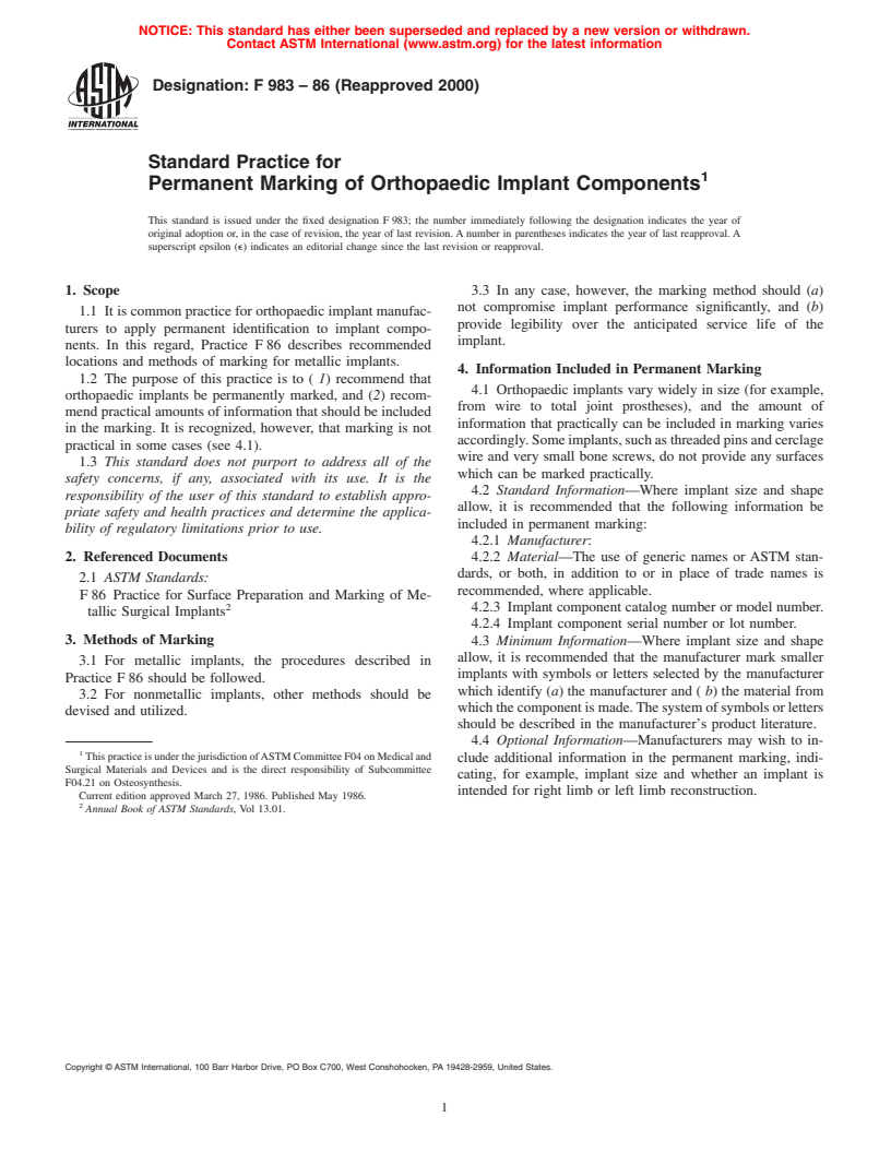 ASTM F983-86(2000) - Standard Practice for Permanent Marking of Orthopaedic Implant Components