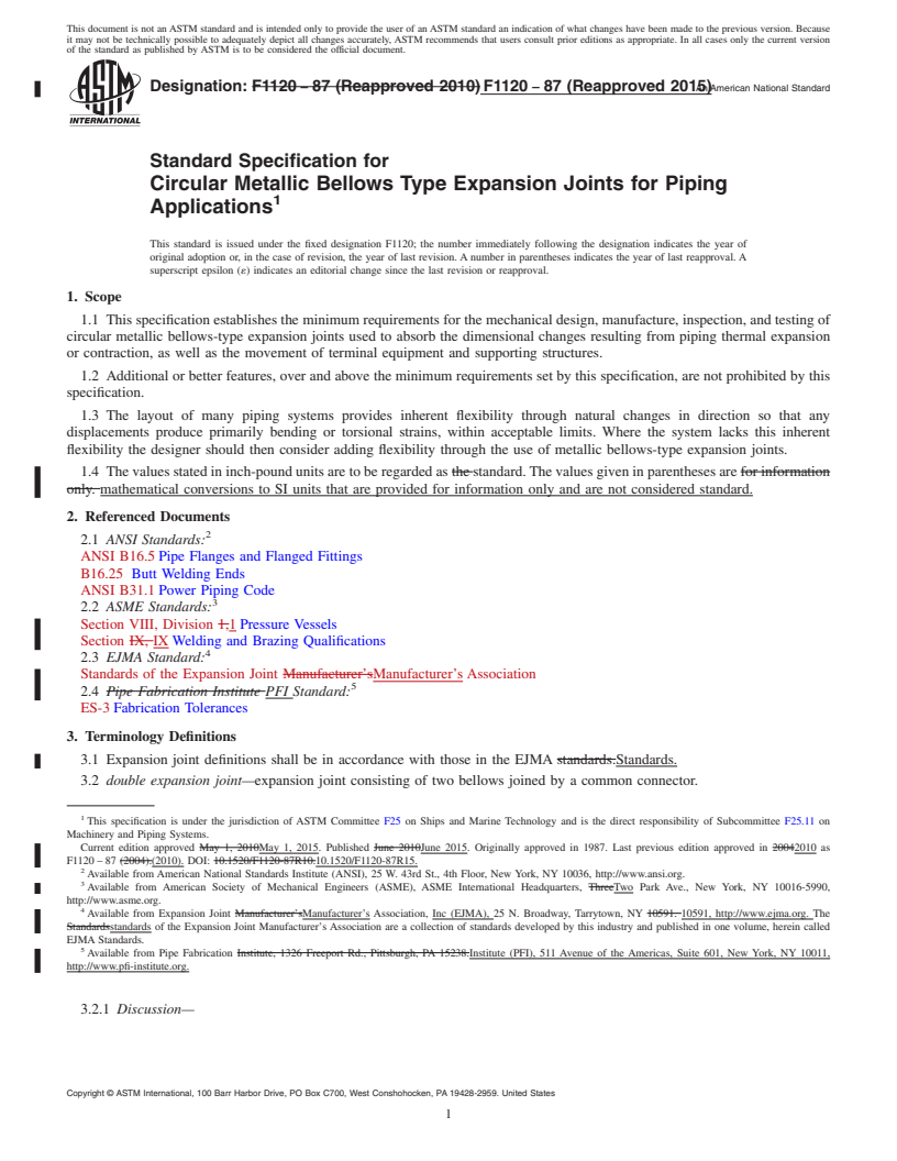 REDLINE ASTM F1120-87(2015) - Standard Specification for  Circular Metallic Bellows Type Expansion Joints for Piping   Applications