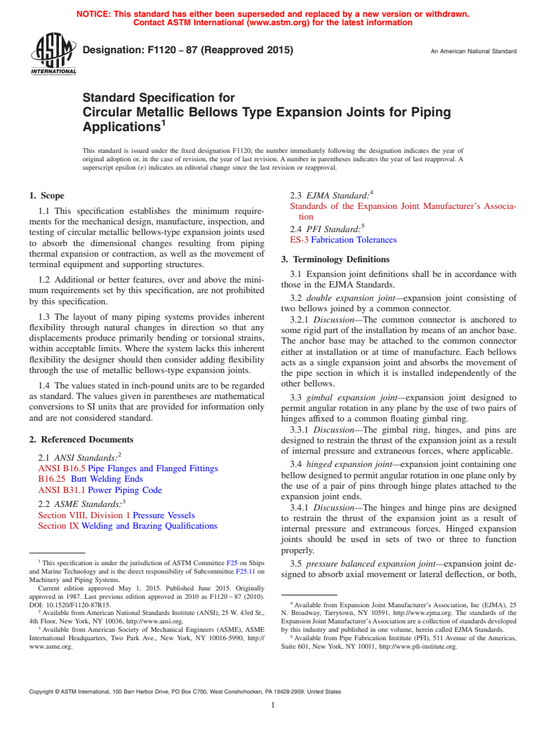 ASTM F1120-87(2015) - Standard Specification for  Circular Metallic Bellows Type Expansion Joints for Piping   Applications