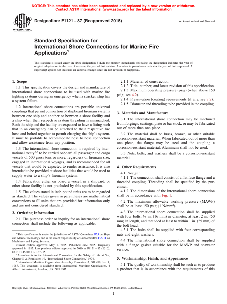 ASTM F1121-87(2015) - Standard Specification for  International Shore Connections for Marine Fire Applications