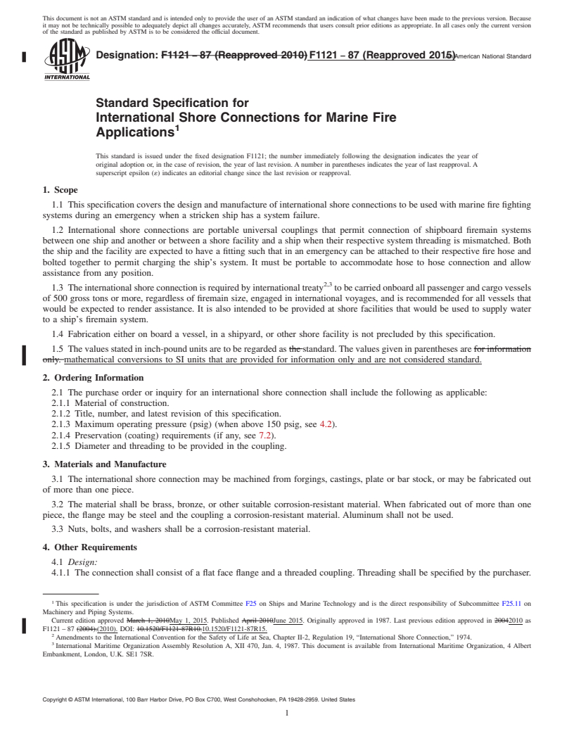 REDLINE ASTM F1121-87(2015) - Standard Specification for  International Shore Connections for Marine Fire Applications