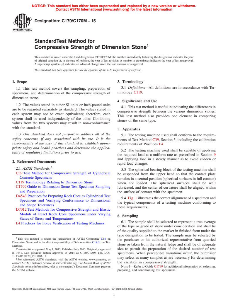 ASTM C170/C170M-15 - Standard Test Method for  Compressive Strength of Dimension Stone