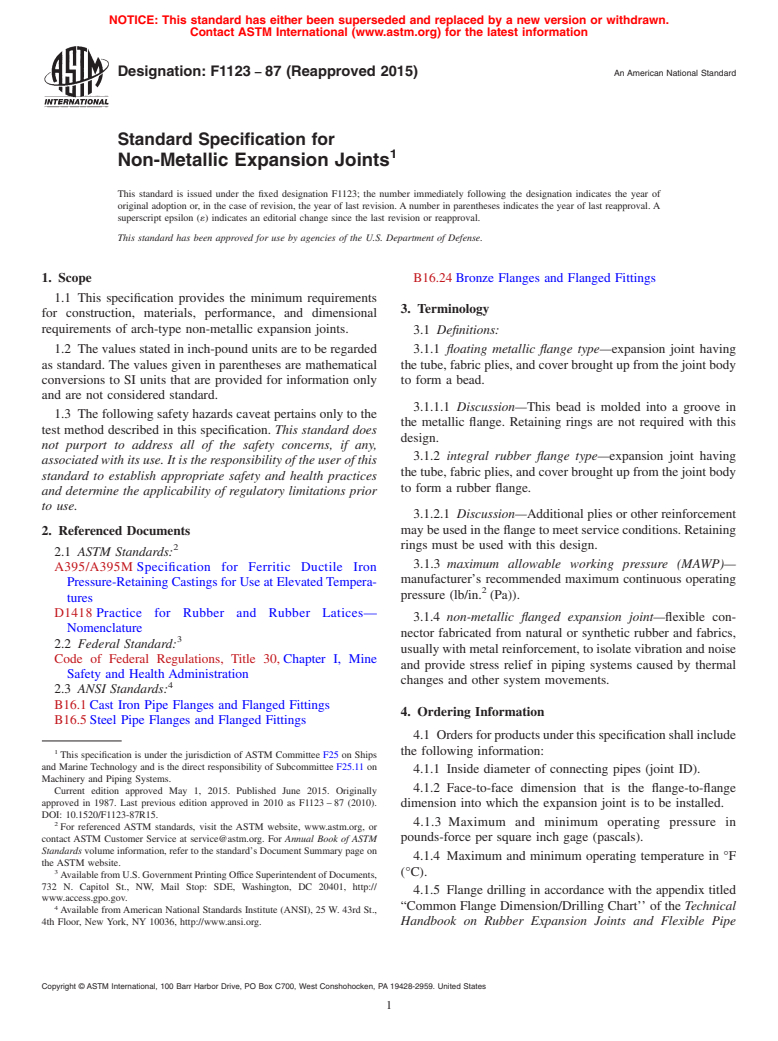 ASTM F1123-87(2015) - Standard Specification for  Non-Metallic Expansion Joints