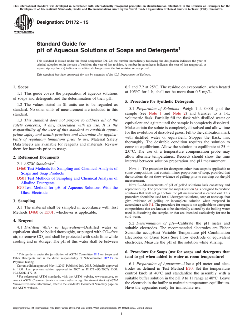 ASTM D1172-15 - Standard Guide for  pH of Aqueous Solutions of Soaps and Detergents