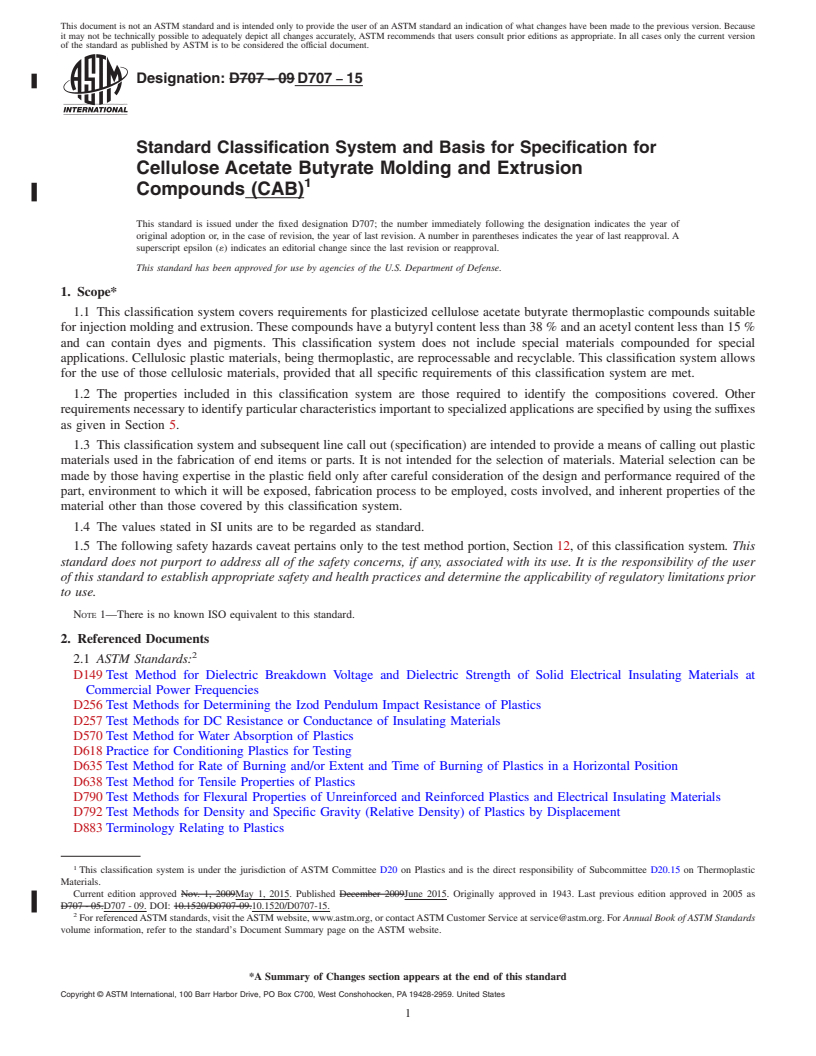 REDLINE ASTM D707-15 - Standard Classification System and Basis for Specification for Cellulose Acetate Butyrate Molding and Extrusion Compounds (CAB)