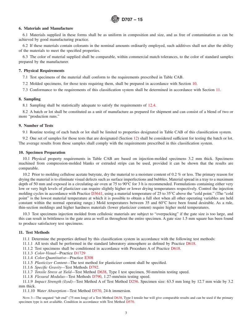 REDLINE ASTM D707-15 - Standard Classification System and Basis for Specification for Cellulose Acetate Butyrate Molding and Extrusion Compounds (CAB)